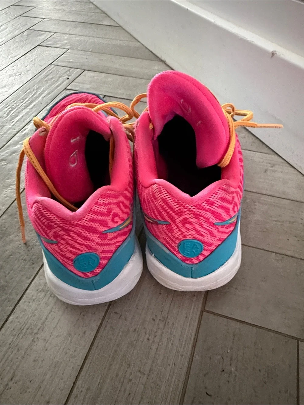 Nike Pink and Blue Kids' Sneakers with Orange Laces
